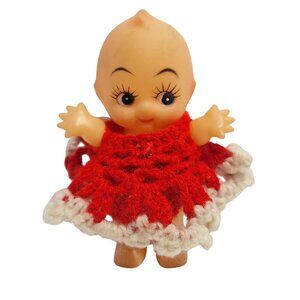Vintage Kewpie Doll 4.5" Tall With Red & White Handmade Crocheted Dress
